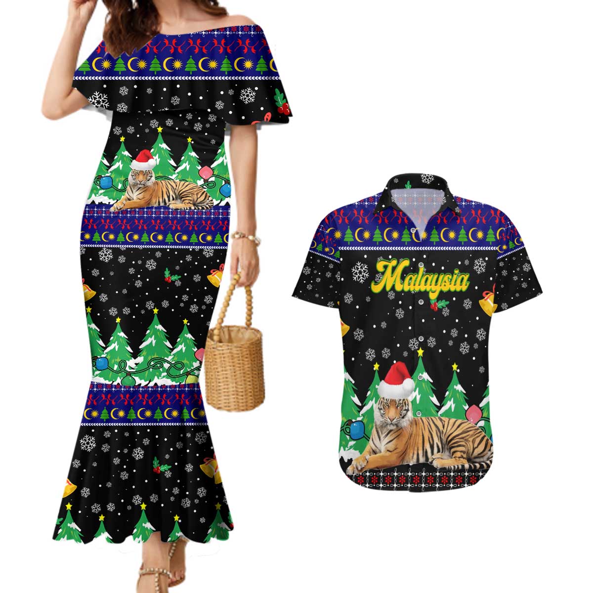 Malaysia Christmas Couples Matching Mermaid Dress and Hawaiian Shirt with Tiger Santa Hat Snowflakes and Holiday Tree Pattern - Wonder Print Shop