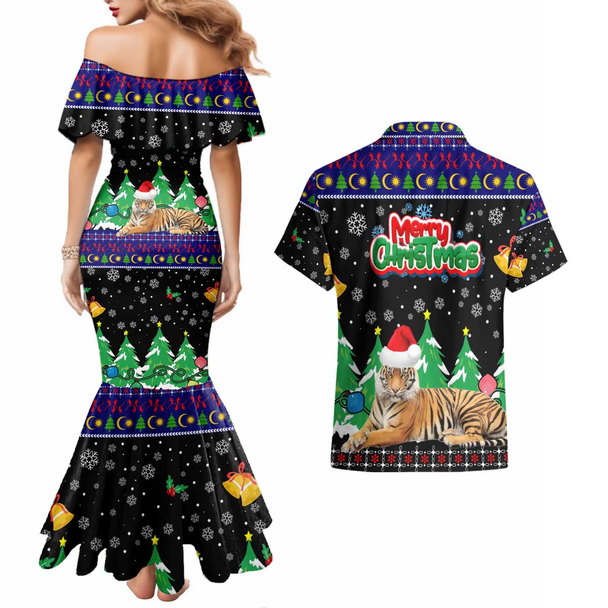 Malaysia Christmas Couples Matching Mermaid Dress and Hawaiian Shirt with Tiger Santa Hat Snowflakes and Holiday Tree Pattern - Wonder Print Shop