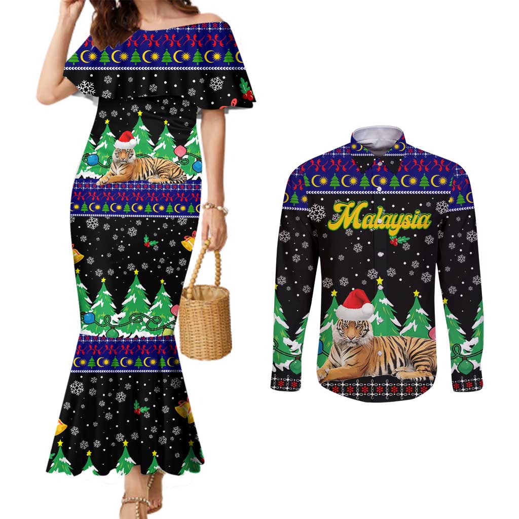 Malaysia Christmas Couples Matching Mermaid Dress and Long Sleeve Button Shirt with Tiger Santa Hat Snowflakes and Holiday Tree Pattern - Wonder Print Shop