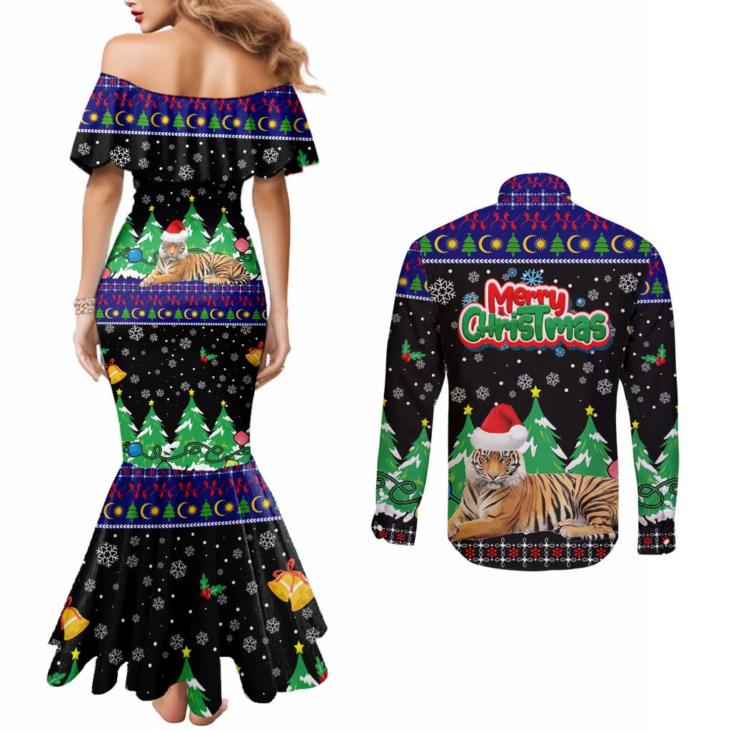 Malaysia Christmas Couples Matching Mermaid Dress and Long Sleeve Button Shirt with Tiger Santa Hat Snowflakes and Holiday Tree Pattern - Wonder Print Shop