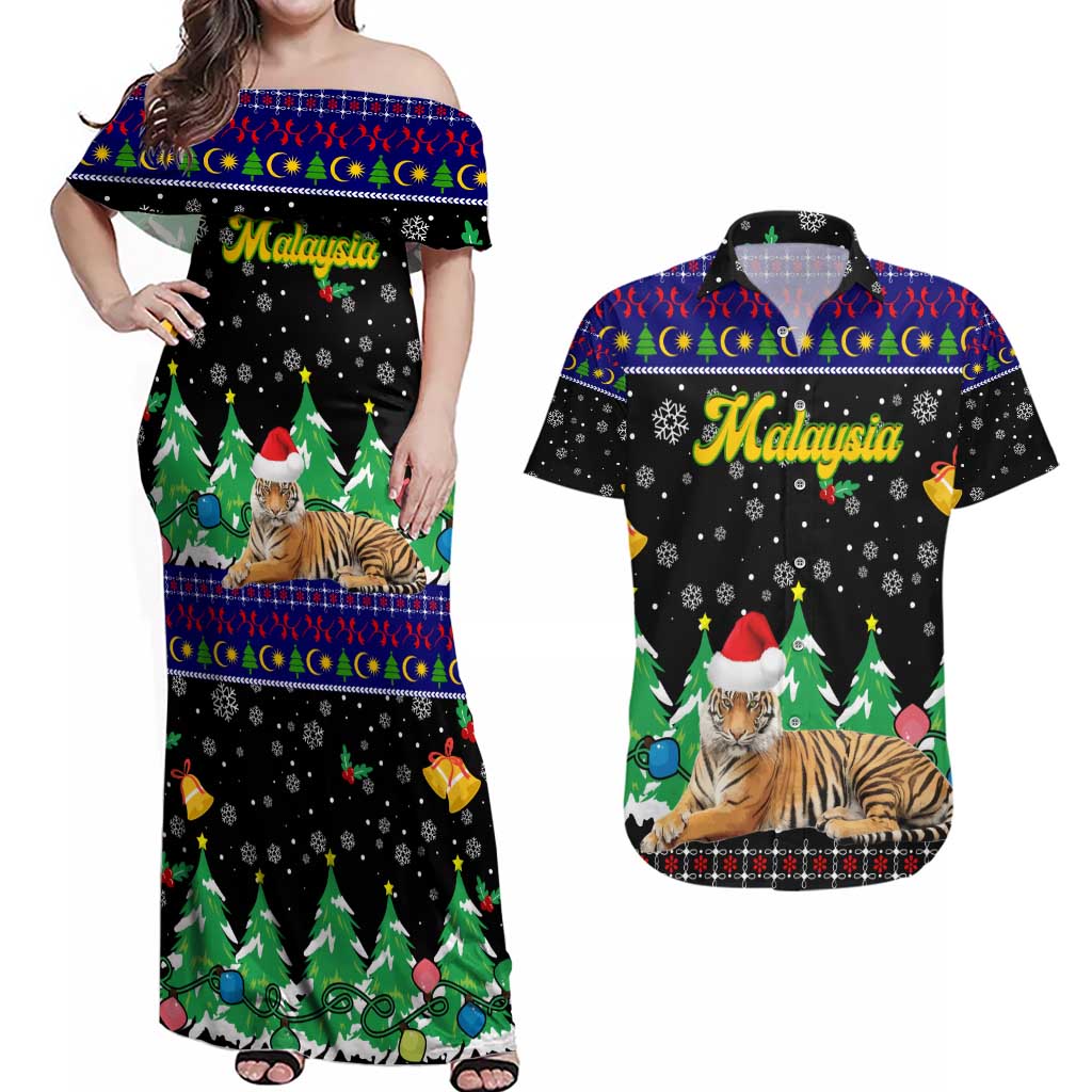 Malaysia Christmas Couples Matching Off Shoulder Maxi Dress and Hawaiian Shirt with Tiger Santa Hat Snowflakes and Holiday Tree Pattern - Wonder Print Shop