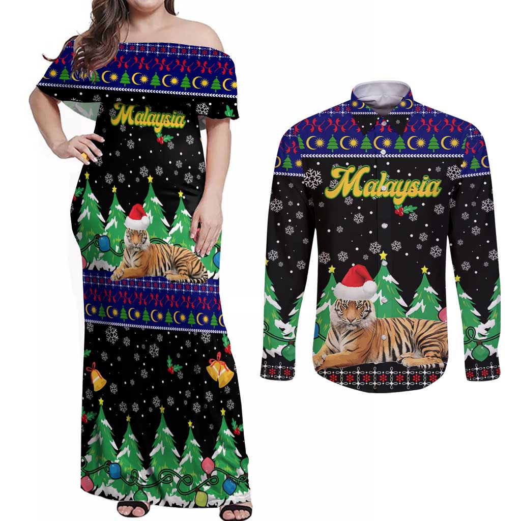 Malaysia Christmas Couples Matching Off Shoulder Maxi Dress and Long Sleeve Button Shirt with Tiger Santa Hat Snowflakes and Holiday Tree Pattern - Wonder Print Shop