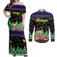 Malaysia Christmas Couples Matching Off Shoulder Maxi Dress and Long Sleeve Button Shirt with Tiger Santa Hat Snowflakes and Holiday Tree Pattern - Wonder Print Shop