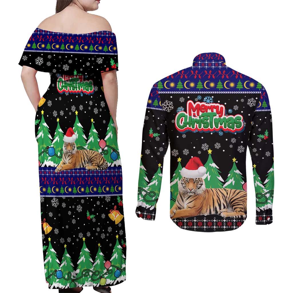 Malaysia Christmas Couples Matching Off Shoulder Maxi Dress and Long Sleeve Button Shirt with Tiger Santa Hat Snowflakes and Holiday Tree Pattern - Wonder Print Shop