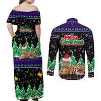Malaysia Christmas Couples Matching Off Shoulder Maxi Dress and Long Sleeve Button Shirt with Tiger Santa Hat Snowflakes and Holiday Tree Pattern - Wonder Print Shop