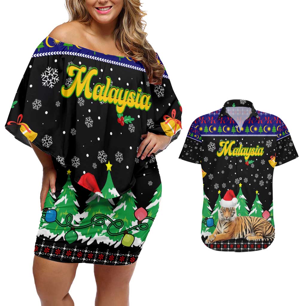 Malaysia Christmas Couples Matching Off Shoulder Short Dress and Hawaiian Shirt with Tiger Santa Hat Snowflakes and Holiday Tree Pattern - Wonder Print Shop