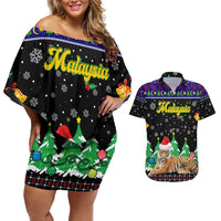 Malaysia Christmas Couples Matching Off Shoulder Short Dress and Hawaiian Shirt with Tiger Santa Hat Snowflakes and Holiday Tree Pattern - Wonder Print Shop