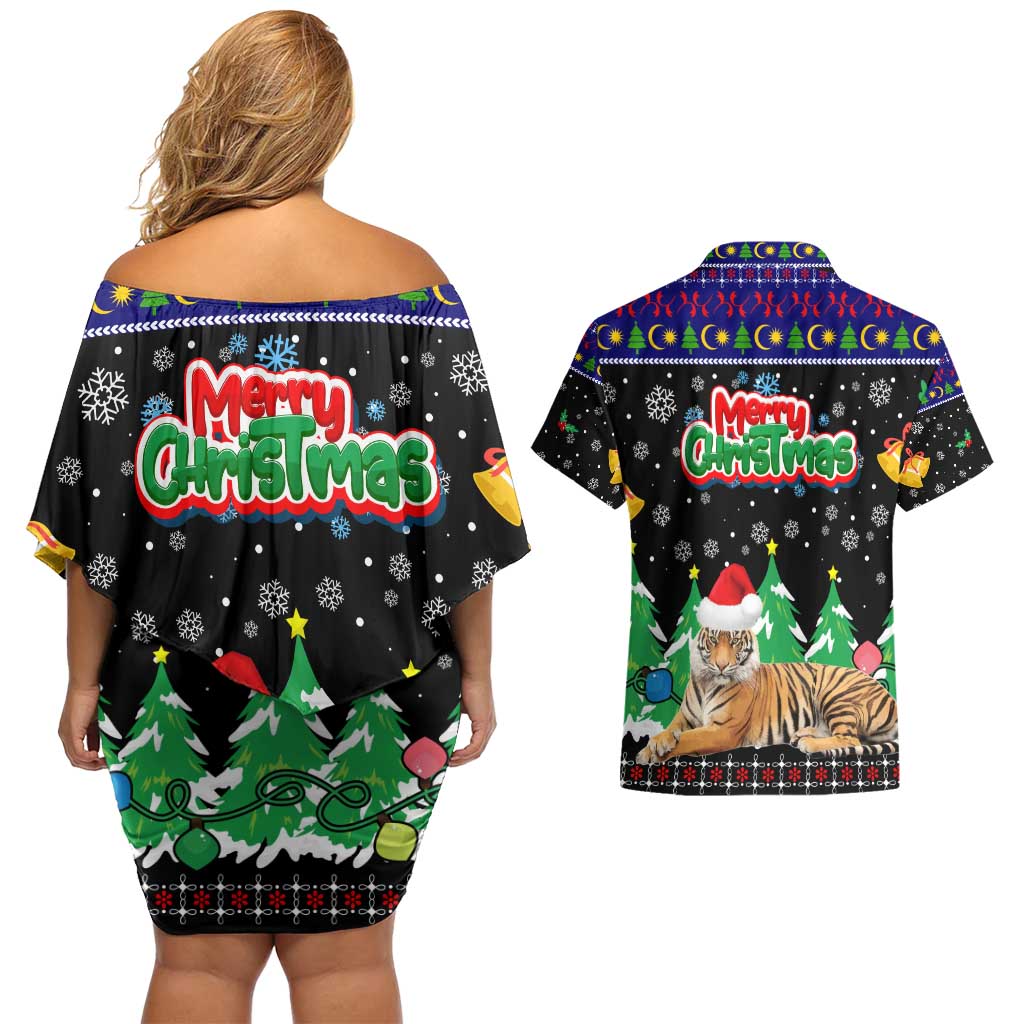 Malaysia Christmas Couples Matching Off Shoulder Short Dress and Hawaiian Shirt with Tiger Santa Hat Snowflakes and Holiday Tree Pattern - Wonder Print Shop