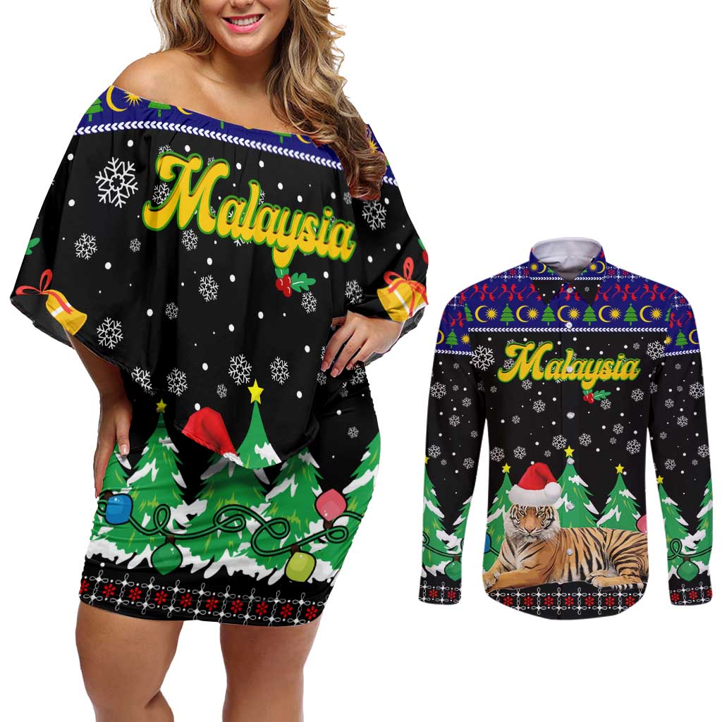 Malaysia Christmas Couples Matching Off Shoulder Short Dress and Long Sleeve Button Shirt with Tiger Santa Hat Snowflakes and Holiday Tree Pattern - Wonder Print Shop