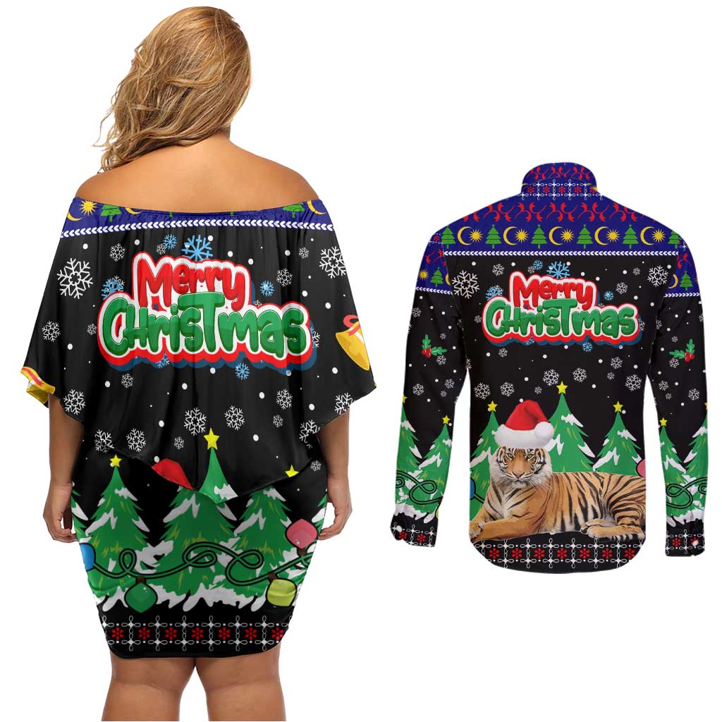 Malaysia Christmas Couples Matching Off Shoulder Short Dress and Long Sleeve Button Shirt with Tiger Santa Hat Snowflakes and Holiday Tree Pattern - Wonder Print Shop