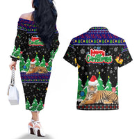 Malaysia Christmas Couples Matching Off The Shoulder Long Sleeve Dress and Hawaiian Shirt with Tiger Santa Hat Snowflakes and Holiday Tree Pattern - Wonder Print Shop