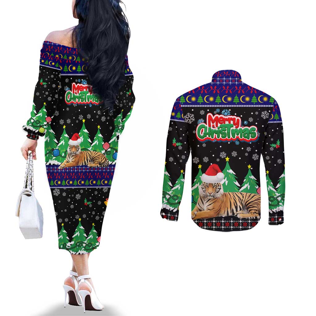 Malaysia Christmas Couples Matching Off The Shoulder Long Sleeve Dress and Long Sleeve Button Shirt with Tiger Santa Hat Snowflakes and Holiday Tree Pattern - Wonder Print Shop