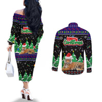 Malaysia Christmas Couples Matching Off The Shoulder Long Sleeve Dress and Long Sleeve Button Shirt with Tiger Santa Hat Snowflakes and Holiday Tree Pattern - Wonder Print Shop