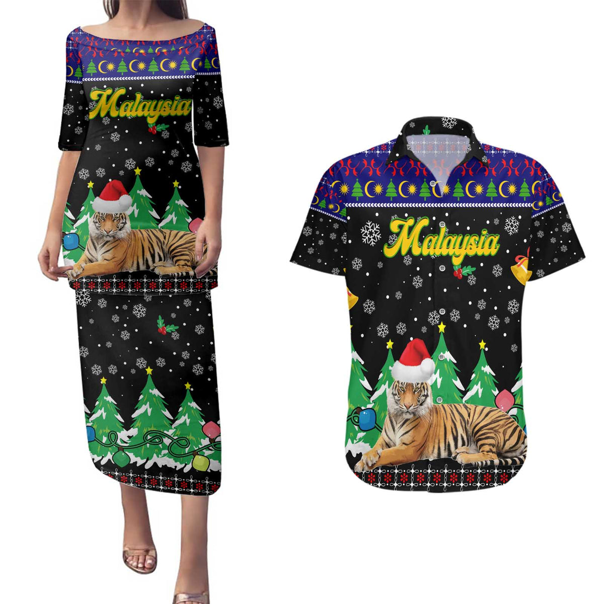 Malaysia Christmas Couples Matching Puletasi and Hawaiian Shirt with Tiger Santa Hat Snowflakes and Holiday Tree Pattern - Wonder Print Shop