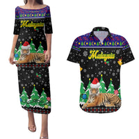 Malaysia Christmas Couples Matching Puletasi and Hawaiian Shirt with Tiger Santa Hat Snowflakes and Holiday Tree Pattern - Wonder Print Shop