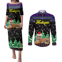 Malaysia Christmas Couples Matching Puletasi and Long Sleeve Button Shirt with Tiger Santa Hat Snowflakes and Holiday Tree Pattern - Wonder Print Shop