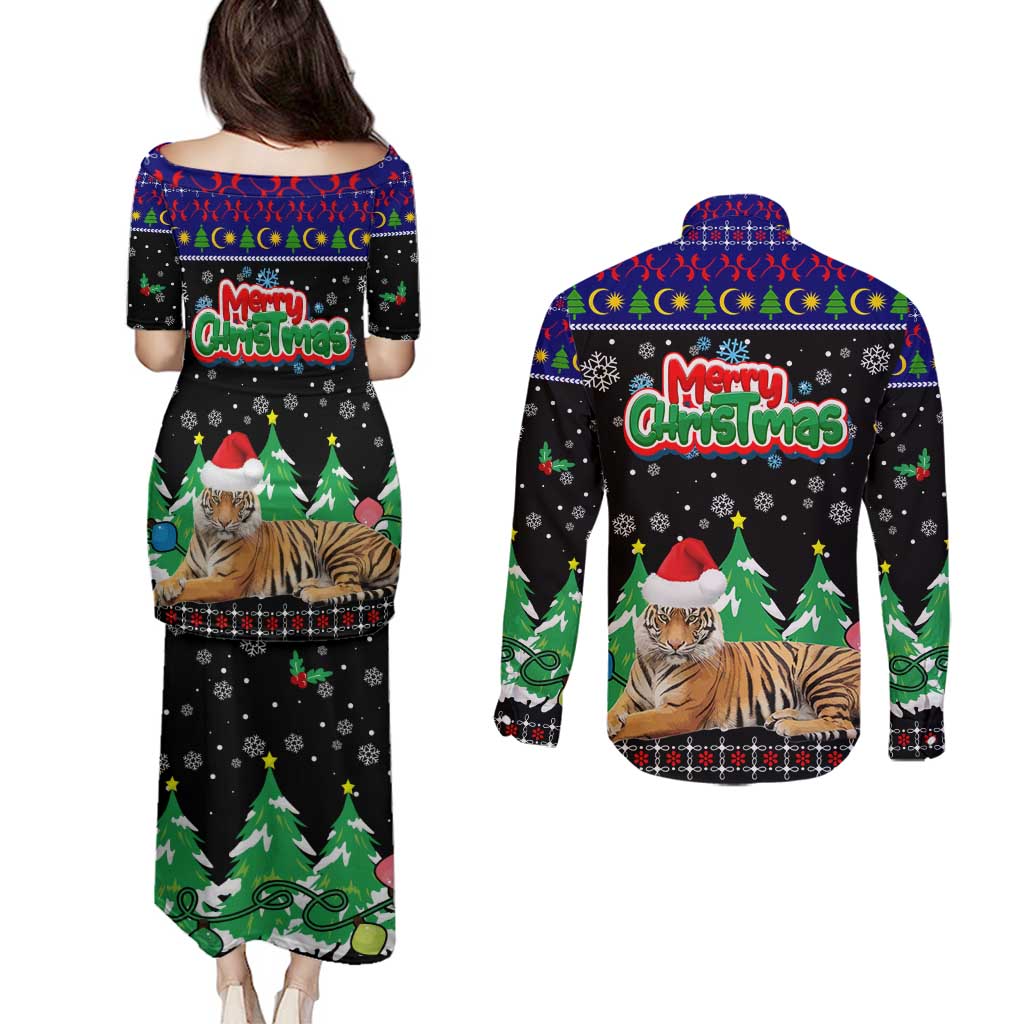 Malaysia Christmas Couples Matching Puletasi and Long Sleeve Button Shirt with Tiger Santa Hat Snowflakes and Holiday Tree Pattern - Wonder Print Shop
