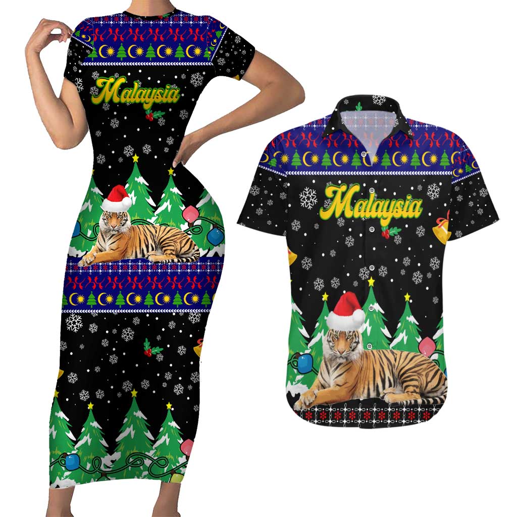 Malaysia Christmas Couples Matching Short Sleeve Bodycon Dress and Hawaiian Shirt with Tiger Santa Hat Snowflakes and Holiday Tree Pattern - Wonder Print Shop
