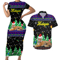 Malaysia Christmas Couples Matching Short Sleeve Bodycon Dress and Hawaiian Shirt with Tiger Santa Hat Snowflakes and Holiday Tree Pattern - Wonder Print Shop