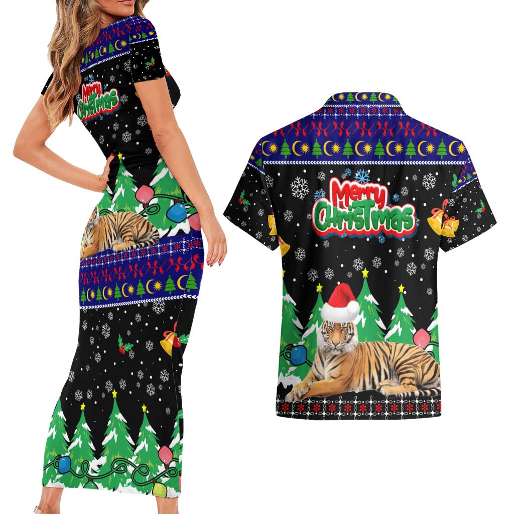 Malaysia Christmas Couples Matching Short Sleeve Bodycon Dress and Hawaiian Shirt with Tiger Santa Hat Snowflakes and Holiday Tree Pattern - Wonder Print Shop
