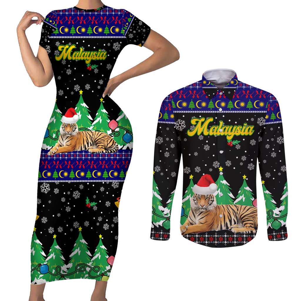 Malaysia Christmas Couples Matching Short Sleeve Bodycon Dress and Long Sleeve Button Shirt with Tiger Santa Hat Snowflakes and Holiday Tree Pattern - Wonder Print Shop