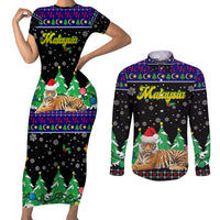 Malaysia Christmas Couples Matching Short Sleeve Bodycon Dress and Long Sleeve Button Shirt with Tiger Santa Hat Snowflakes and Holiday Tree Pattern - Wonder Print Shop