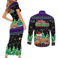 Malaysia Christmas Couples Matching Short Sleeve Bodycon Dress and Long Sleeve Button Shirt with Tiger Santa Hat Snowflakes and Holiday Tree Pattern - Wonder Print Shop