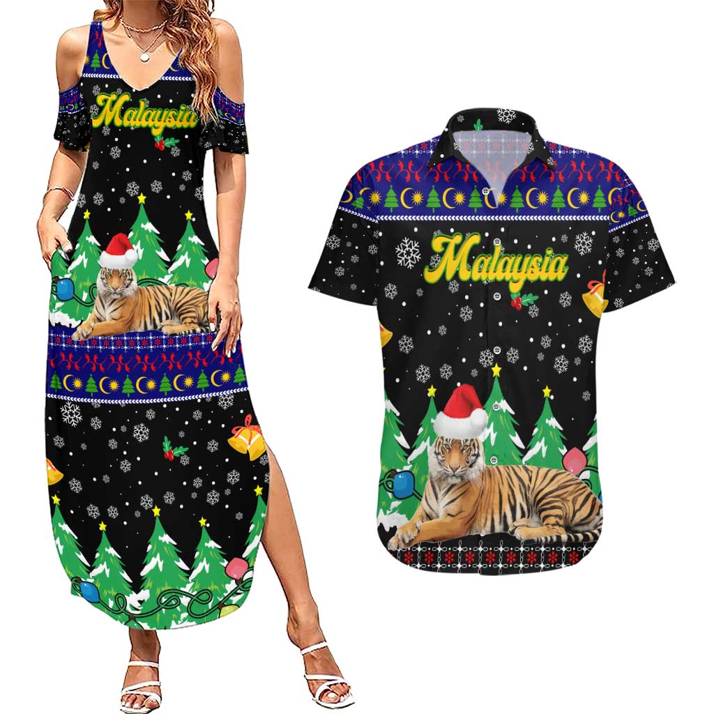 Malaysia Christmas Couples Matching Summer Maxi Dress and Hawaiian Shirt with Tiger Santa Hat Snowflakes and Holiday Tree Pattern - Wonder Print Shop
