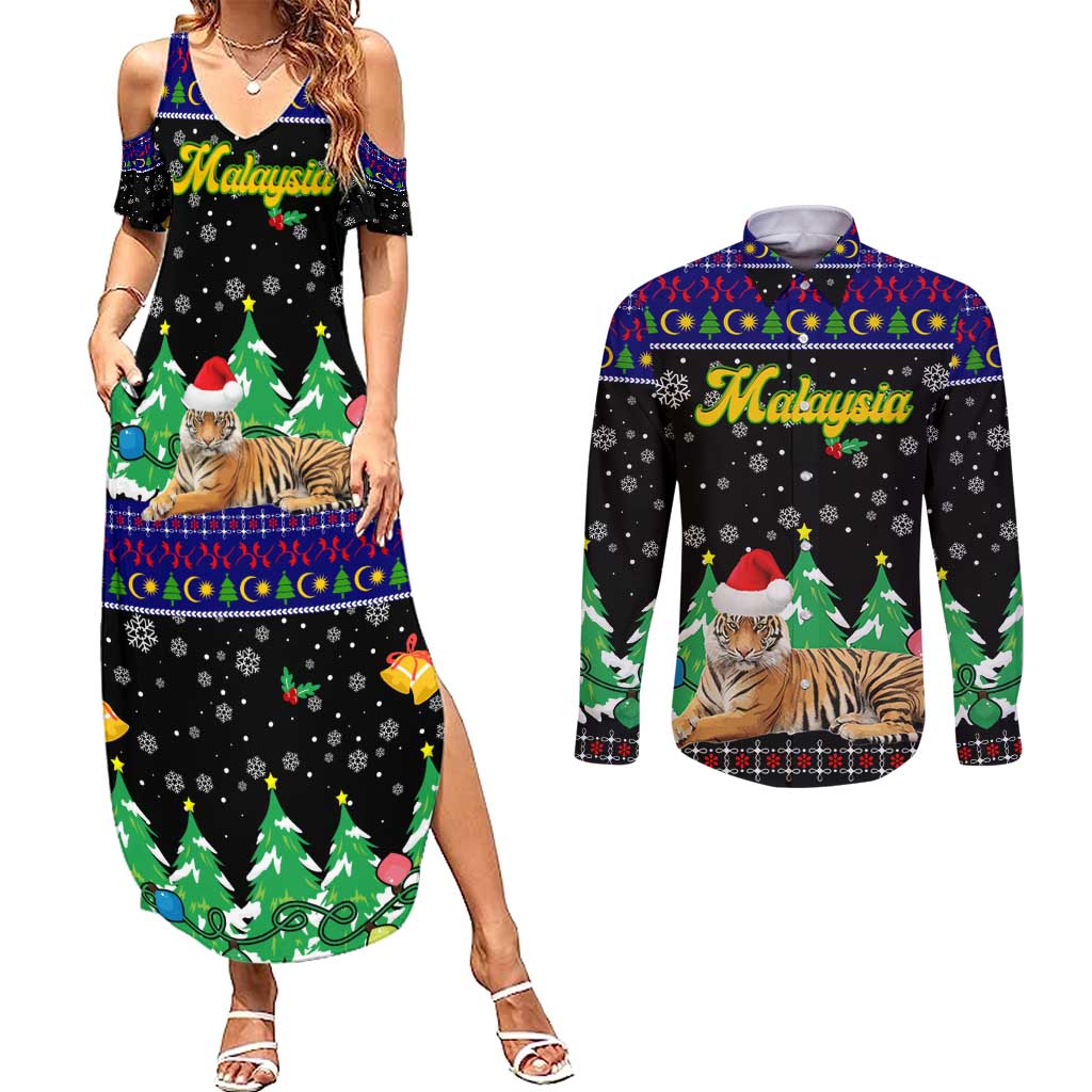 Malaysia Christmas Couples Matching Summer Maxi Dress and Long Sleeve Button Shirt with Tiger Santa Hat Snowflakes and Holiday Tree Pattern - Wonder Print Shop
