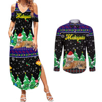 Malaysia Christmas Couples Matching Summer Maxi Dress and Long Sleeve Button Shirt with Tiger Santa Hat Snowflakes and Holiday Tree Pattern - Wonder Print Shop