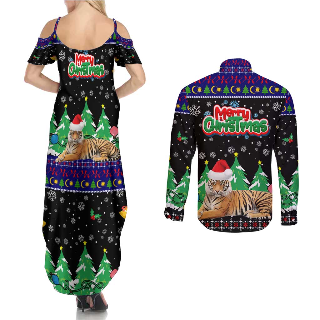 Malaysia Christmas Couples Matching Summer Maxi Dress and Long Sleeve Button Shirt with Tiger Santa Hat Snowflakes and Holiday Tree Pattern - Wonder Print Shop