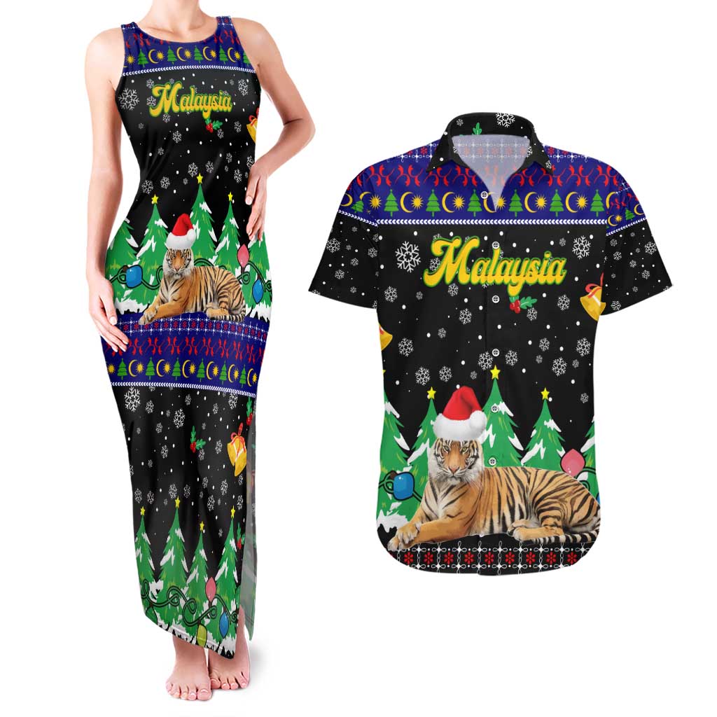 Malaysia Christmas Couples Matching Tank Maxi Dress and Hawaiian Shirt with Tiger Santa Hat Snowflakes and Holiday Tree Pattern - Wonder Print Shop