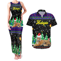 Malaysia Christmas Couples Matching Tank Maxi Dress and Hawaiian Shirt with Tiger Santa Hat Snowflakes and Holiday Tree Pattern - Wonder Print Shop