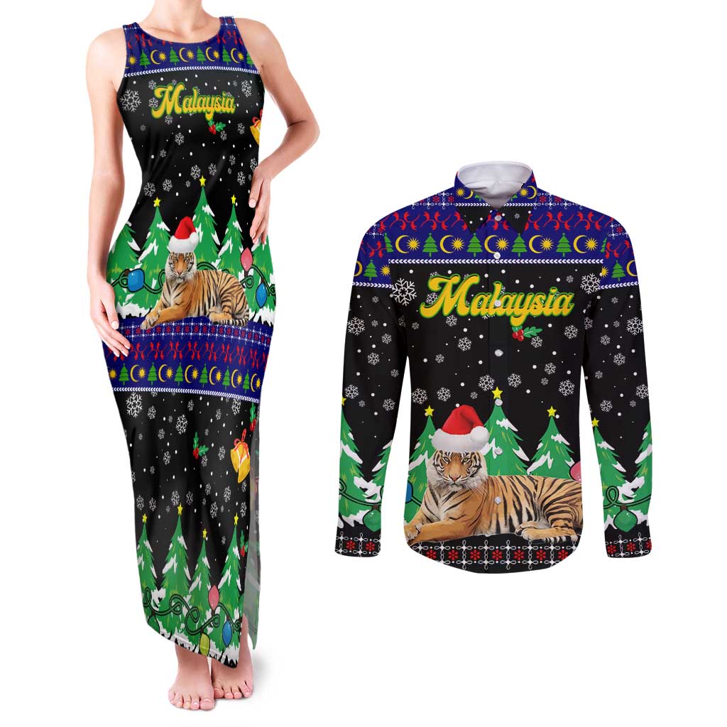 Malaysia Christmas Couples Matching Tank Maxi Dress and Long Sleeve Button Shirt with Tiger Santa Hat Snowflakes and Holiday Tree Pattern - Wonder Print Shop