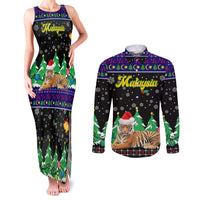 Malaysia Christmas Couples Matching Tank Maxi Dress and Long Sleeve Button Shirt with Tiger Santa Hat Snowflakes and Holiday Tree Pattern - Wonder Print Shop