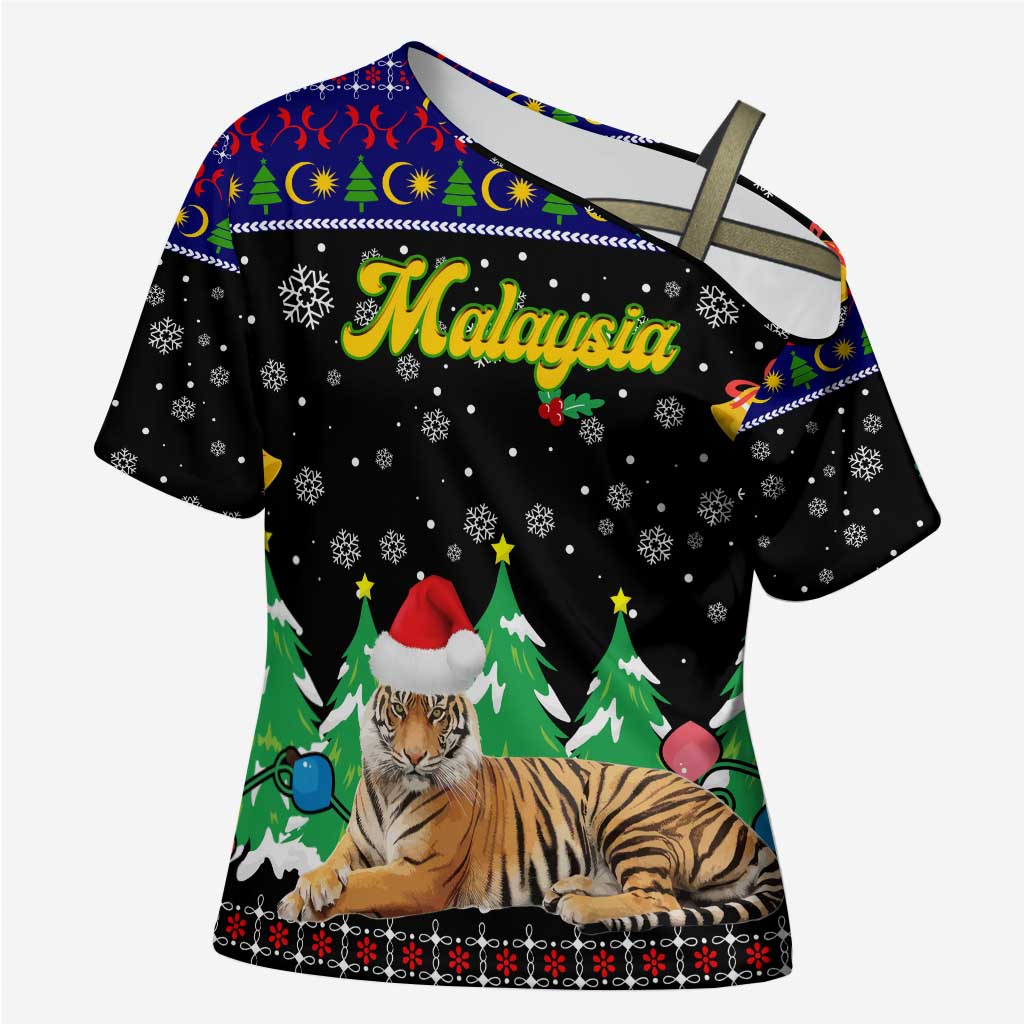 Malaysia Christmas Cross Shoulder Shirt with Tiger Santa Hat Snowflakes and Holiday Tree Pattern - Wonder Print Shop
