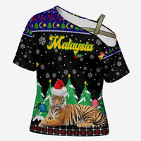 Malaysia Christmas Cross Shoulder Shirt with Tiger Santa Hat Snowflakes and Holiday Tree Pattern - Wonder Print Shop