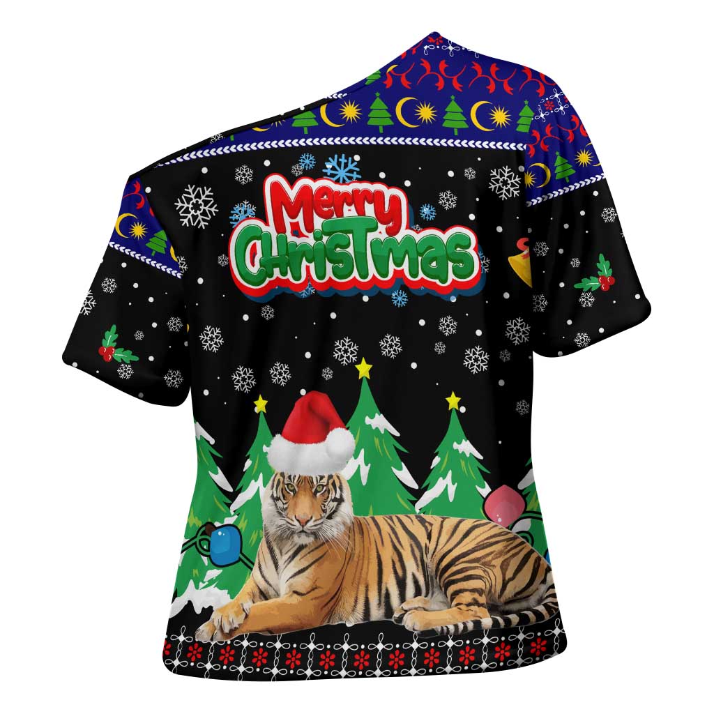 Malaysia Christmas Cross Shoulder Shirt with Tiger Santa Hat Snowflakes and Holiday Tree Pattern - Wonder Print Shop