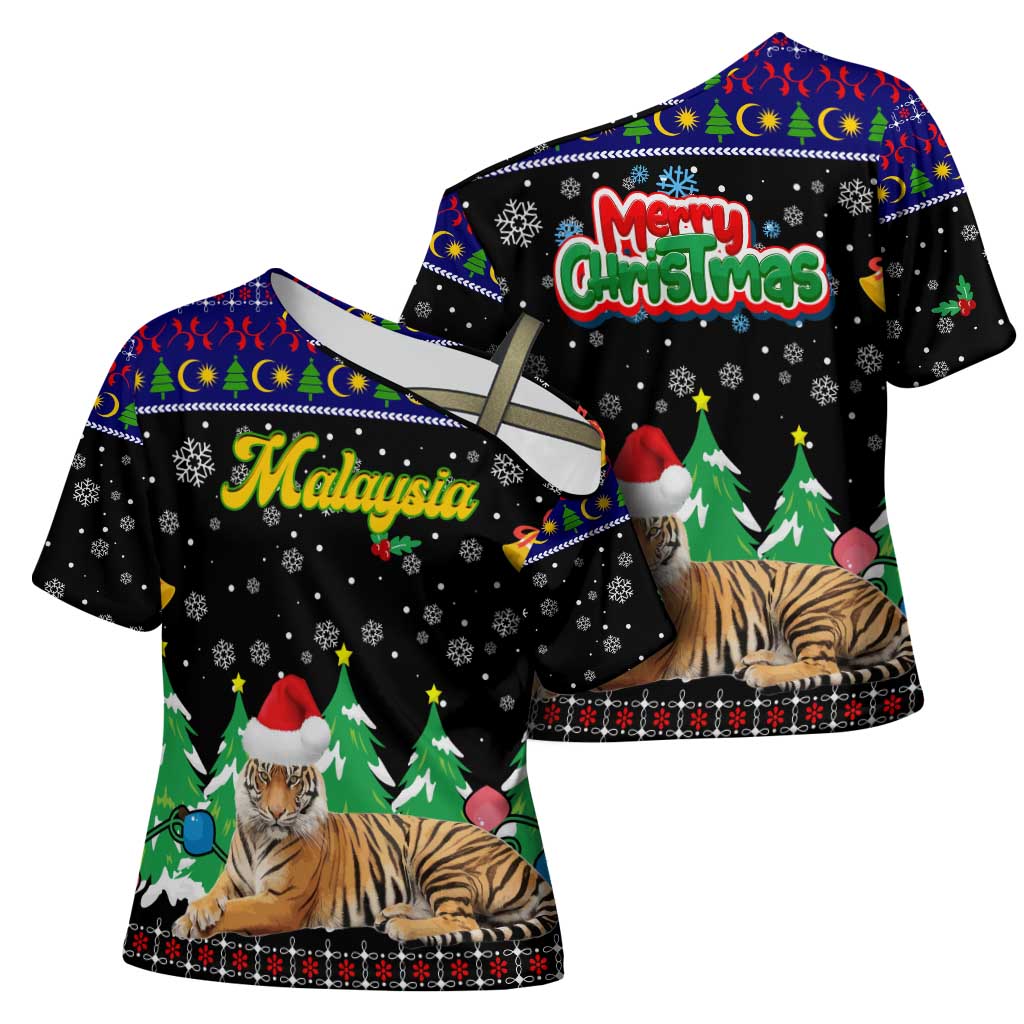 Malaysia Christmas Cross Shoulder Shirt with Tiger Santa Hat Snowflakes and Holiday Tree Pattern - Wonder Print Shop