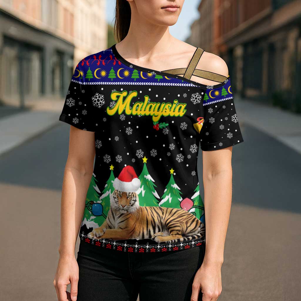 Malaysia Christmas Cross Shoulder Shirt with Tiger Santa Hat Snowflakes and Holiday Tree Pattern - Wonder Print Shop