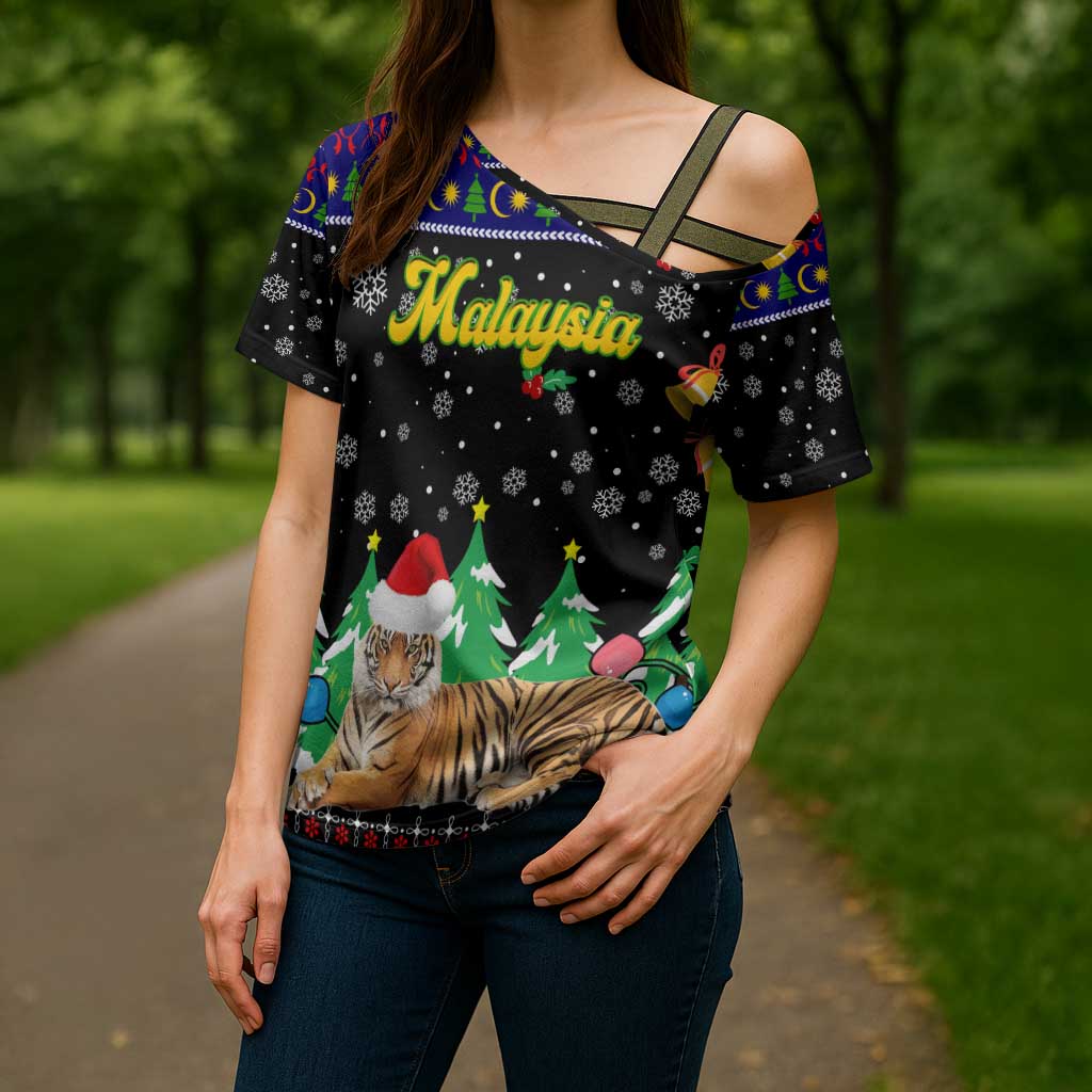 Malaysia Christmas Cross Shoulder Shirt with Tiger Santa Hat Snowflakes and Holiday Tree Pattern - Wonder Print Shop