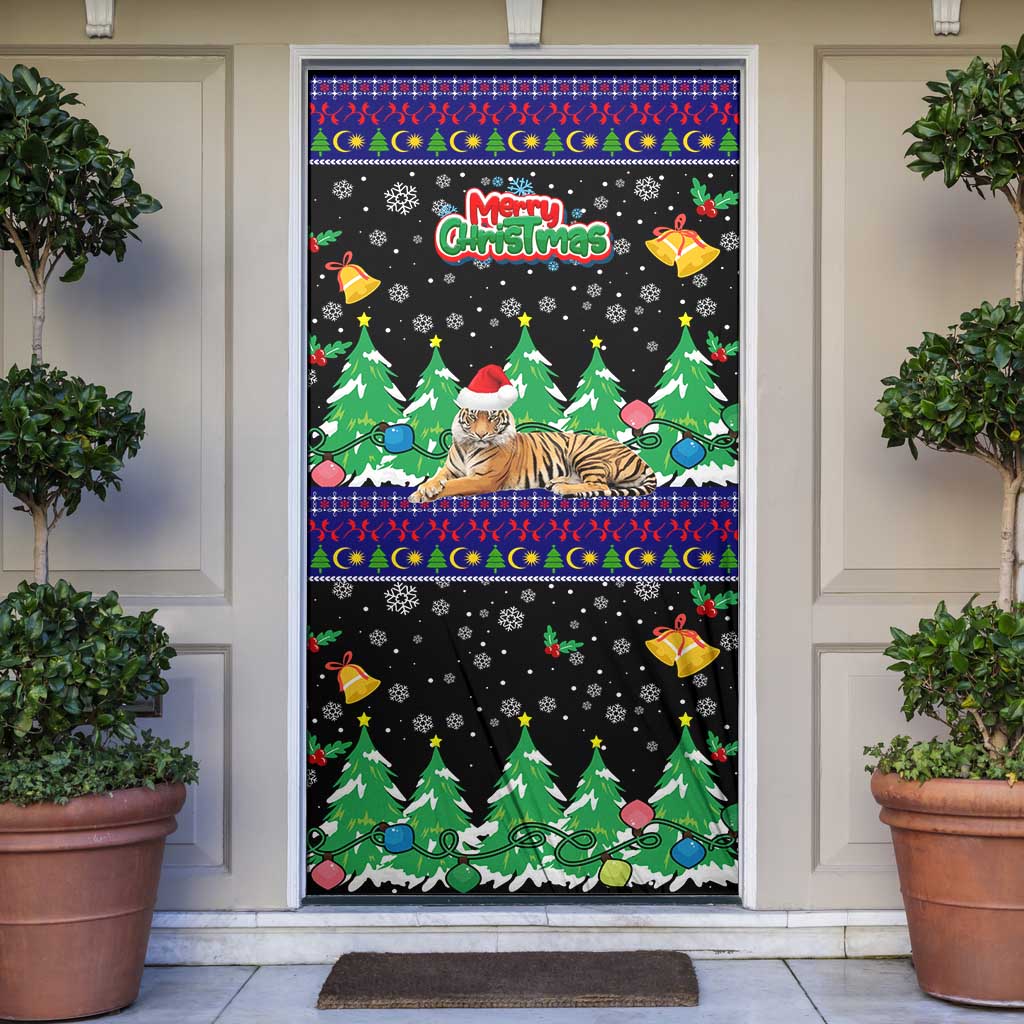 Malaysia Christmas Door Cover with Tiger Santa Hat Snowflakes and Holiday Tree Pattern - Wonder Print Shop