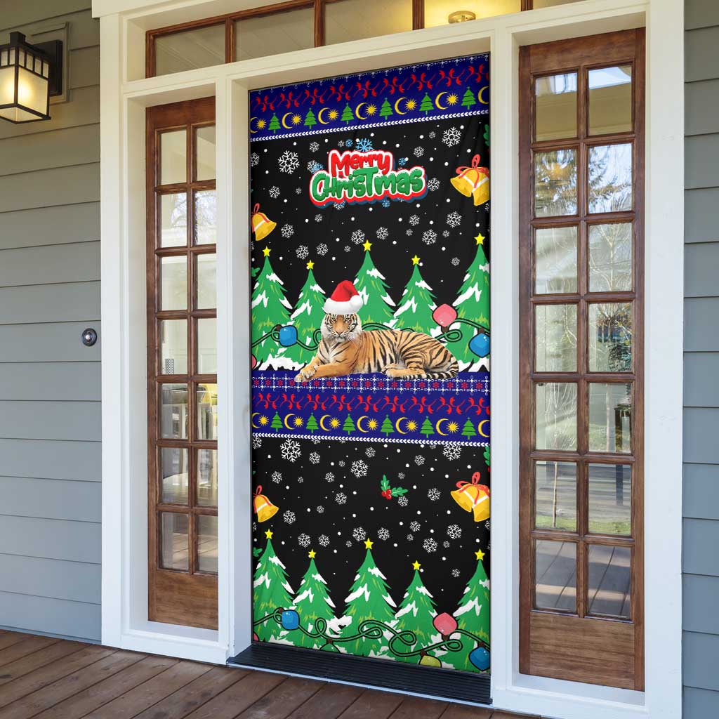Malaysia Christmas Door Cover with Tiger Santa Hat Snowflakes and Holiday Tree Pattern - Wonder Print Shop