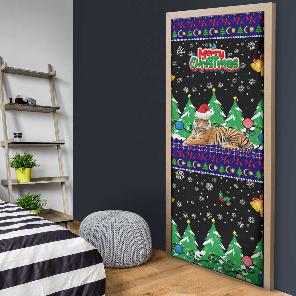 Malaysia Christmas Door Cover with Tiger Santa Hat Snowflakes and Holiday Tree Pattern - Wonder Print Shop