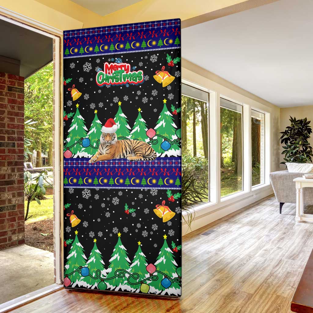 Malaysia Christmas Door Cover with Tiger Santa Hat Snowflakes and Holiday Tree Pattern - Wonder Print Shop