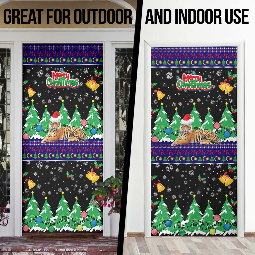 Malaysia Christmas Door Cover with Tiger Santa Hat Snowflakes and Holiday Tree Pattern - Wonder Print Shop