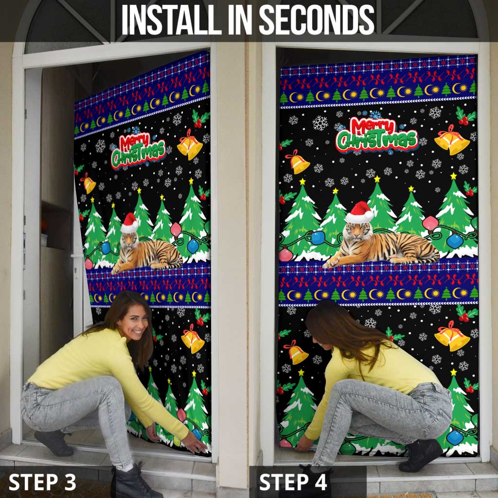 Malaysia Christmas Door Cover with Tiger Santa Hat Snowflakes and Holiday Tree Pattern - Wonder Print Shop