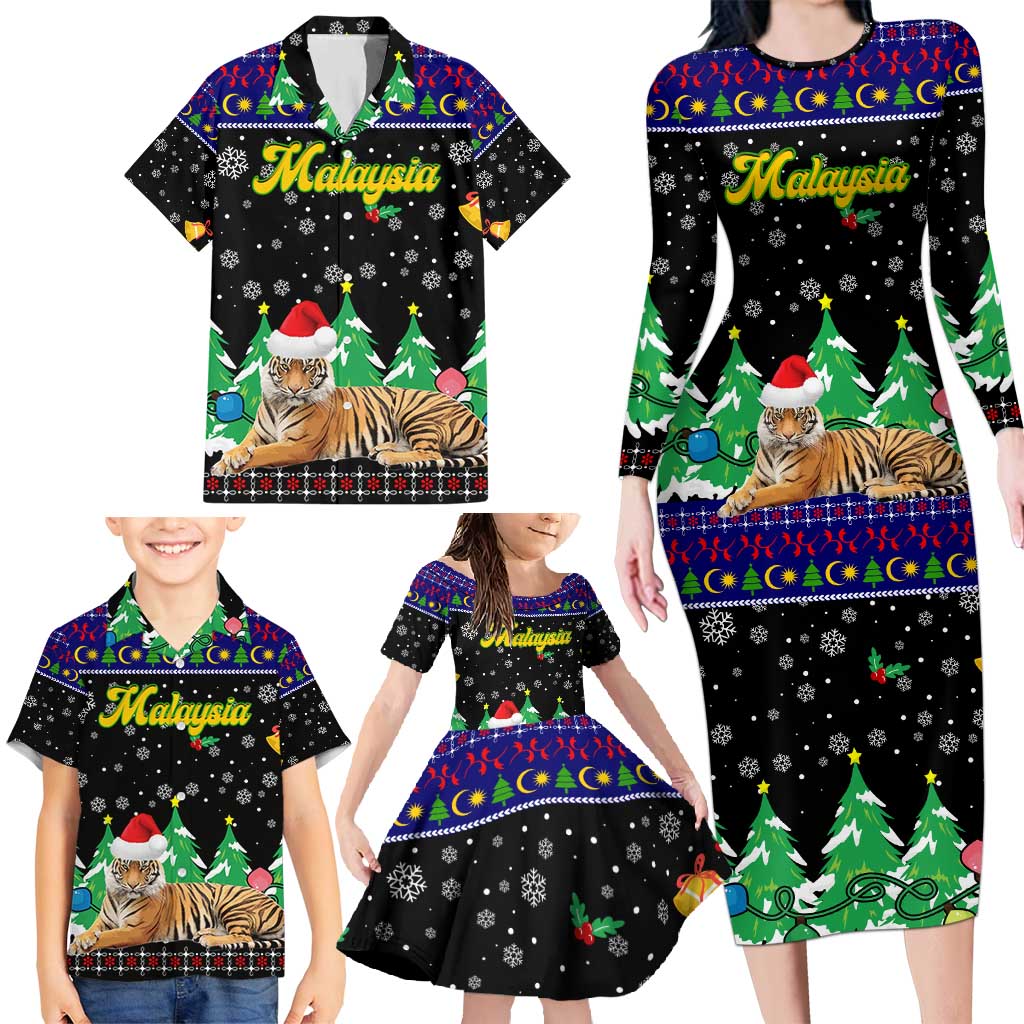 Malaysia Christmas Family Matching Long Sleeve Bodycon Dress and Hawaiian Shirt with Tiger Santa Hat Snowflakes and Holiday Tree Pattern - Wonder Print Shop