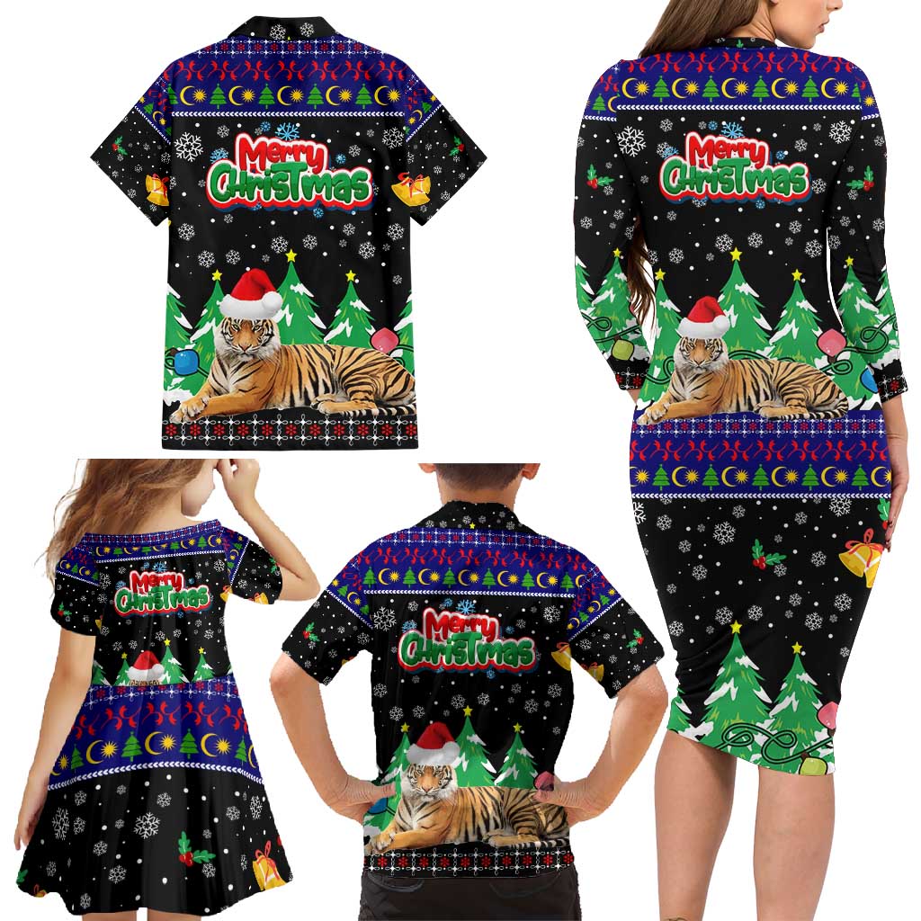 Malaysia Christmas Family Matching Long Sleeve Bodycon Dress and Hawaiian Shirt with Tiger Santa Hat Snowflakes and Holiday Tree Pattern - Wonder Print Shop