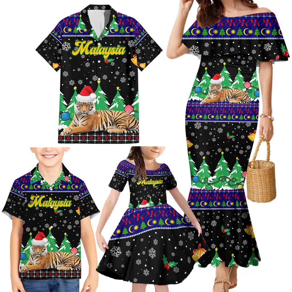Malaysia Christmas Family Matching Mermaid Dress and Hawaiian Shirt with Tiger Santa Hat Snowflakes and Holiday Tree Pattern - Wonder Print Shop